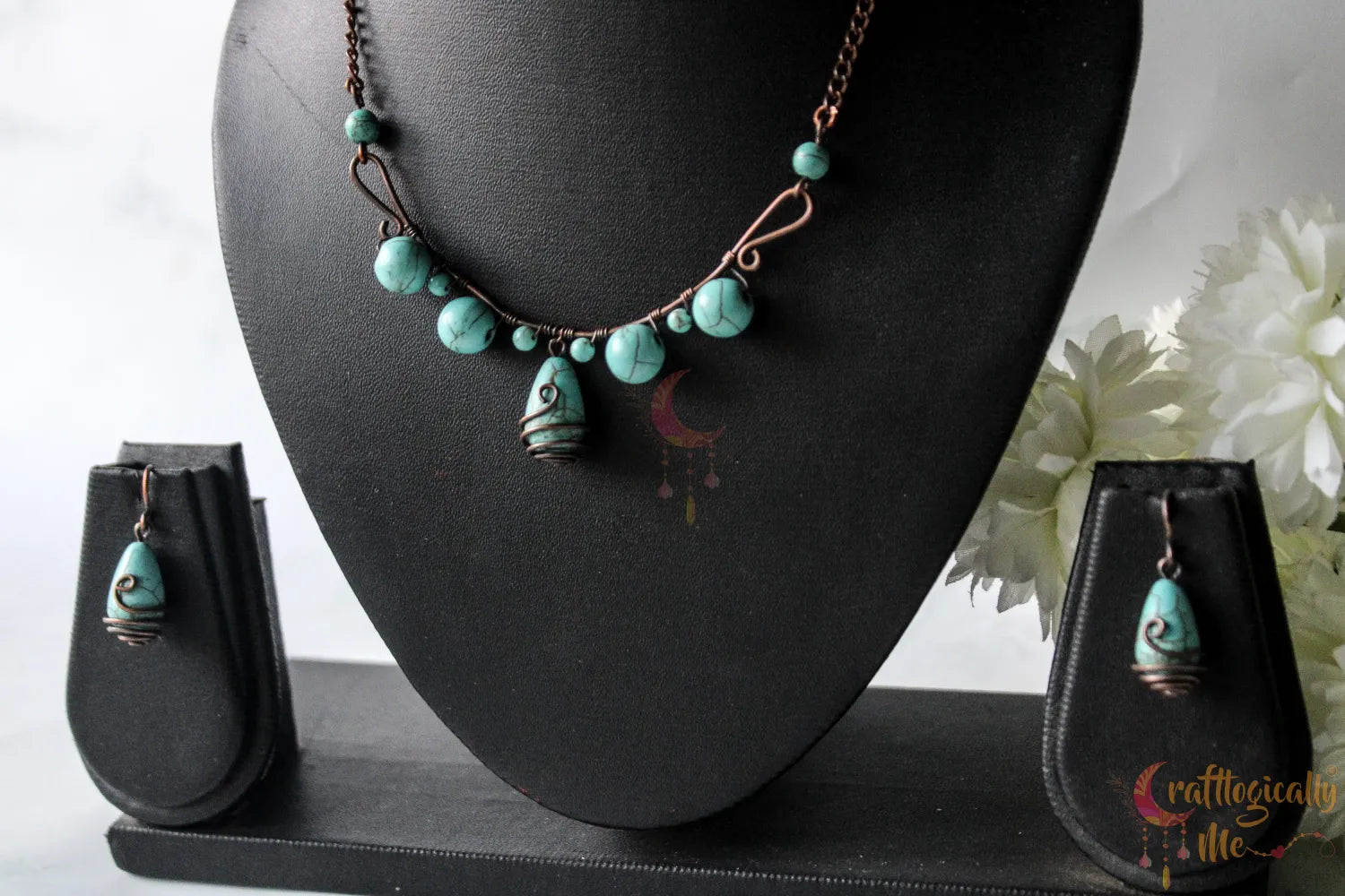 Turquoise Choker Bead Set, Earrings And Necklace Combo – Handmade Wire Jewelry
