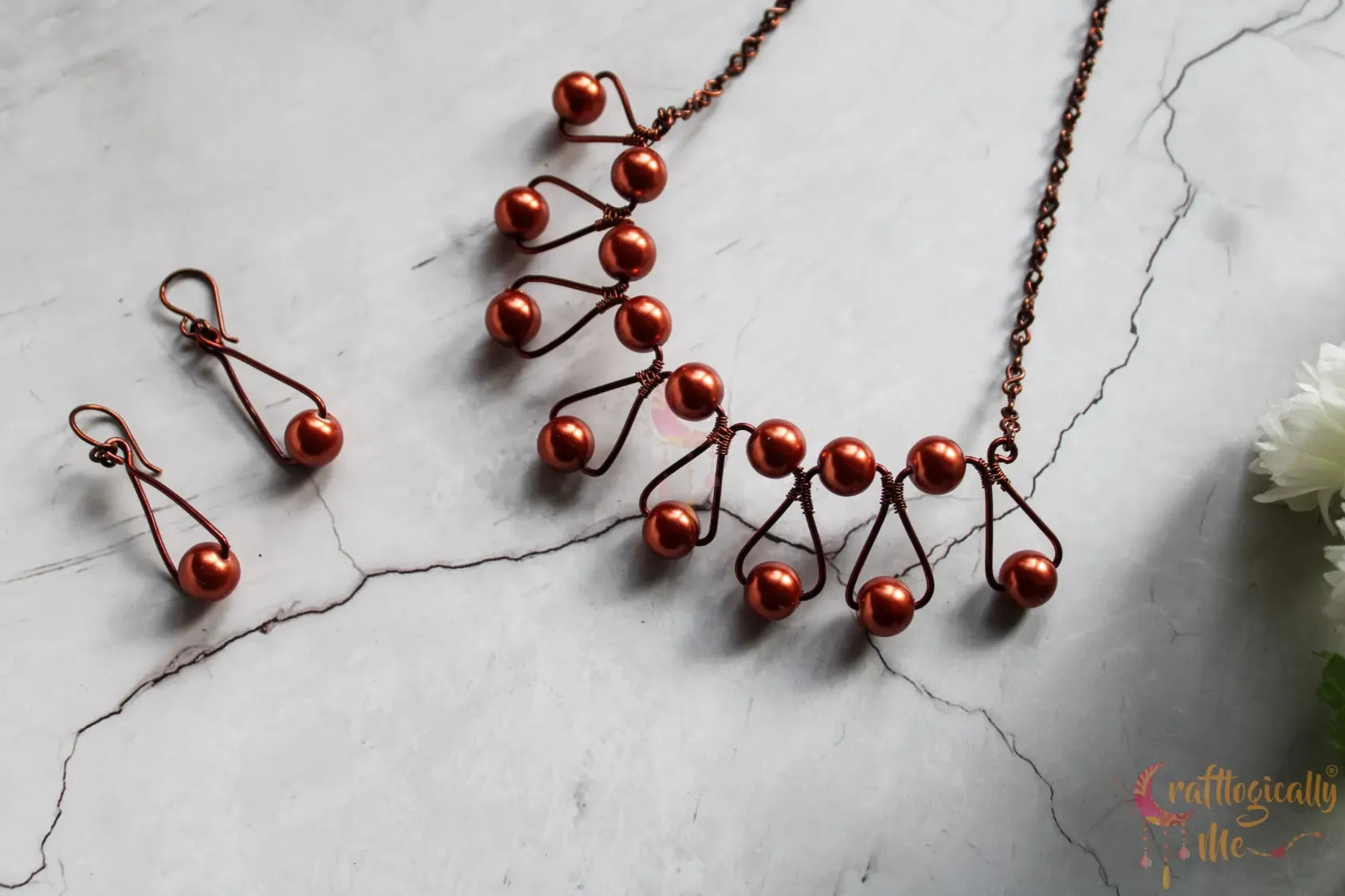 Pearl Bead Zigzag Choker Set, Earrings And Pendant Combo – Handmade Wire Jewelry