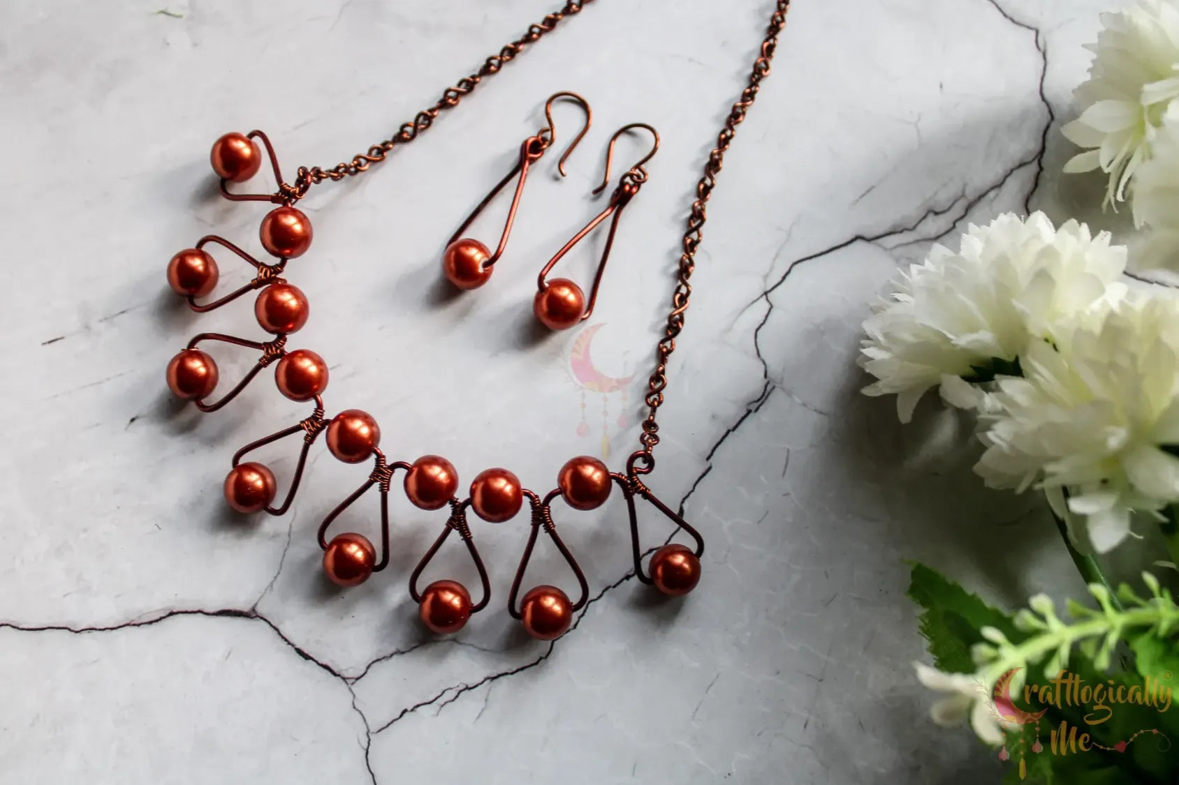 Pearl Bead Zigzag Choker Set, Earrings And Pendant Combo – Handmade Wire Jewelry