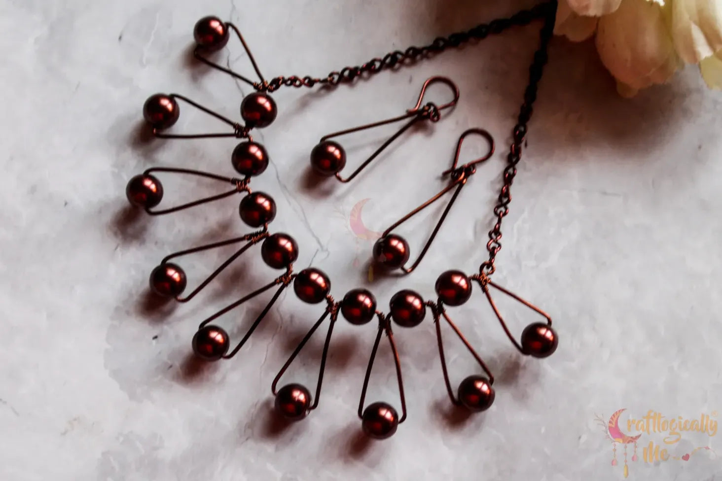 Pearl Bead Zigzag Choker Set, Earrings And Pendant Combo – Handmade Wire Jewelry