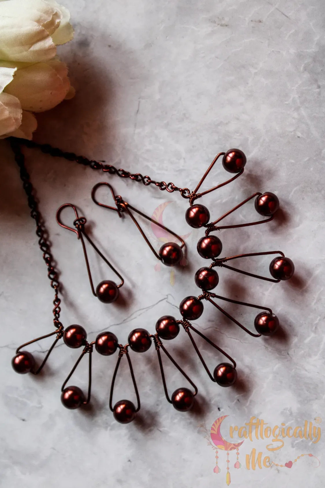 Pearl Bead Zigzag Choker Set, Earrings And Pendant Combo – Handmade Wire Jewelry