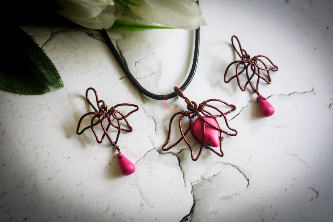Lotus Briolette Bead Woven Set, Earrings And Pendant Combo – Handmade Wire Flower Jewelry