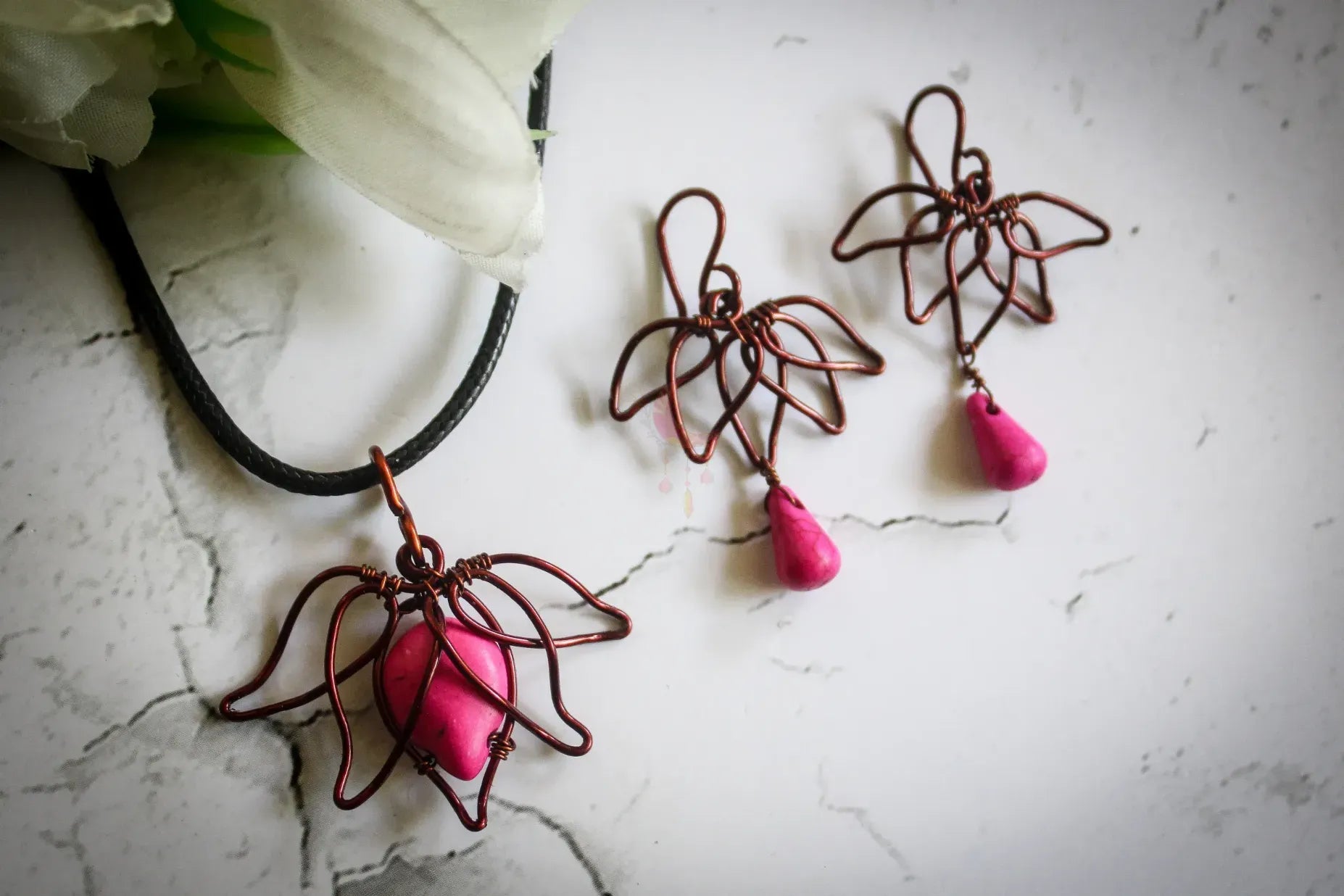 Lotus Briolette Bead Woven Set, Earrings And Pendant Combo – Handmade Wire Flower Jewelry