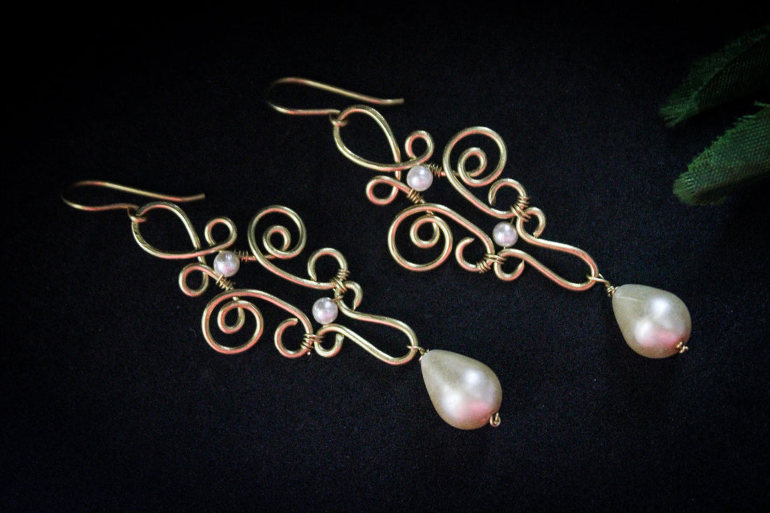 Pearl Boho Filigree Long Danglers - Handmade Wire & Pearl Jewelry