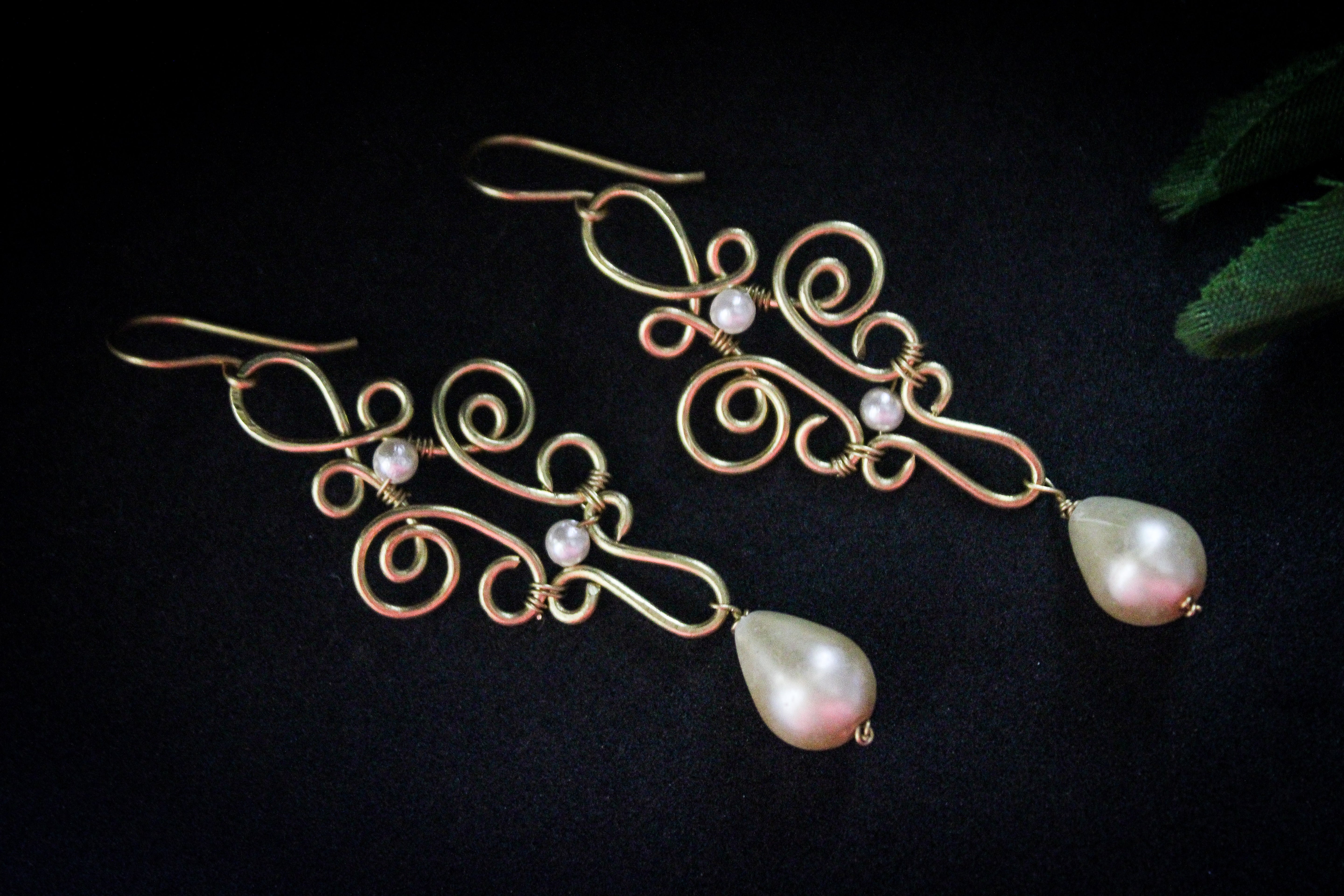 Pearl Boho Filigree Long Danglers - Handmade Wire & Pearl Jewelry
