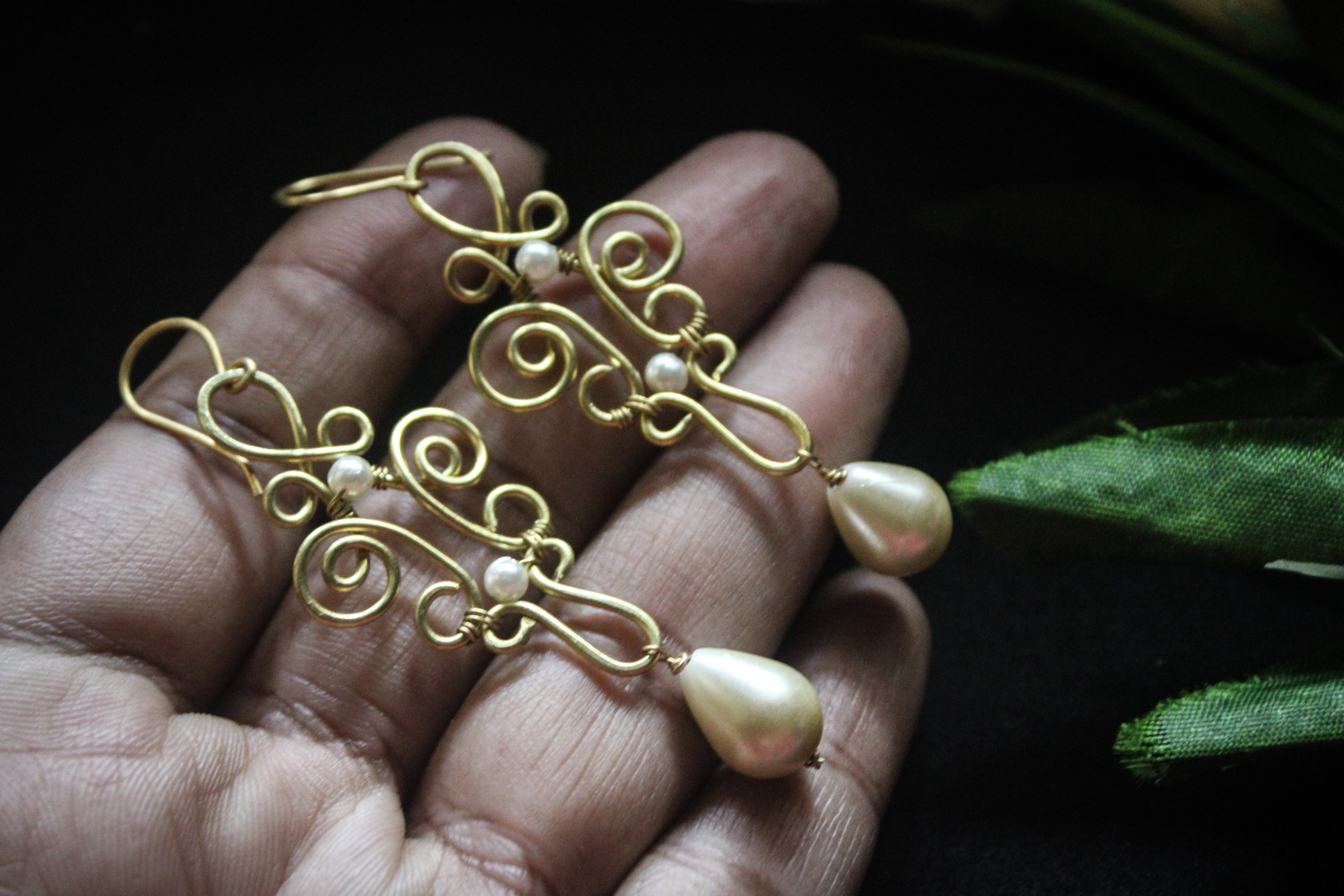 Pearl Boho Filigree Long Danglers - Handmade Wire & Pearl Jewelry