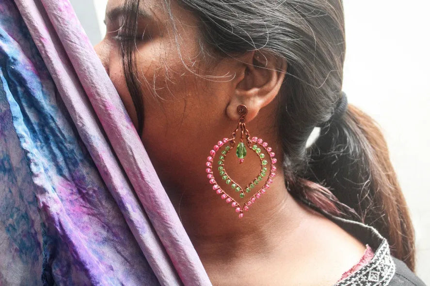 Long Bead Wrapped Drop Earrings - Handmade Wire & Bead Jewelry