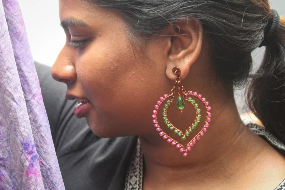 Long Bead Wrapped Drop Earrings - Handmade Wire & Bead Jewelry