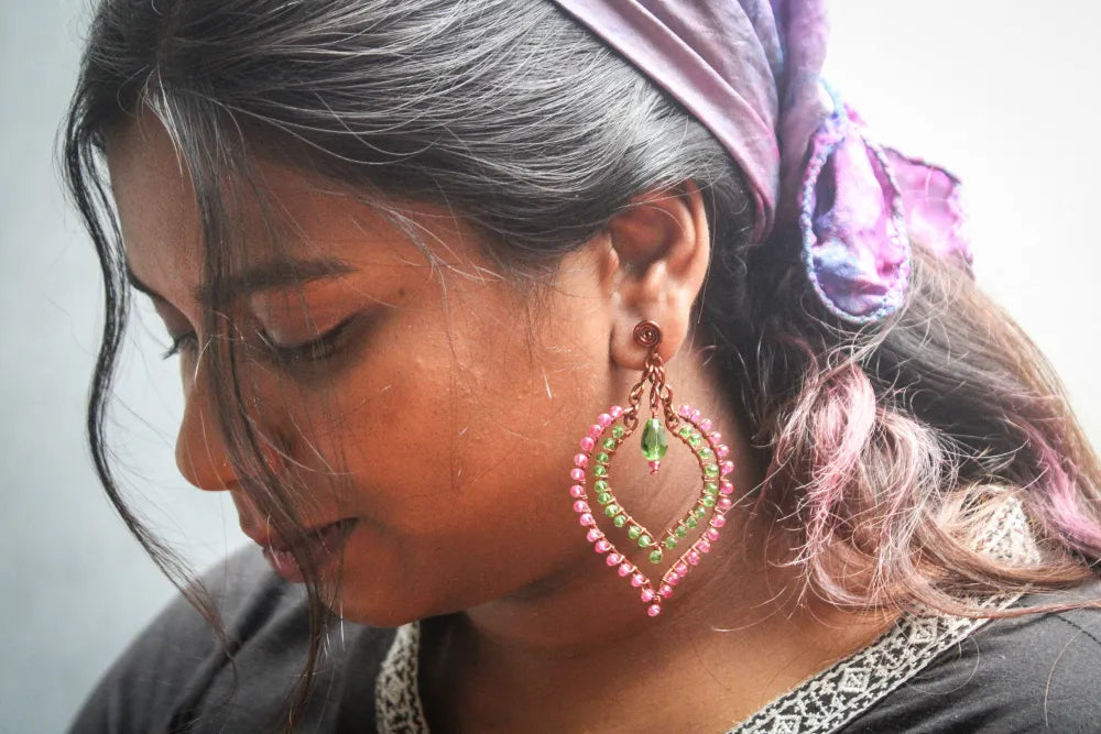 Long Bead Wrapped Drop Earrings - Handmade Wire & Bead Jewelry