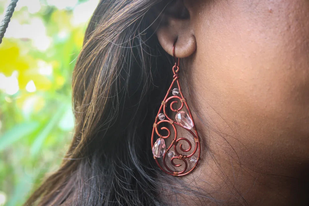 Crystal Drop Boho Filigree Long Danglers - Handmade Wire & Crystal Earrings