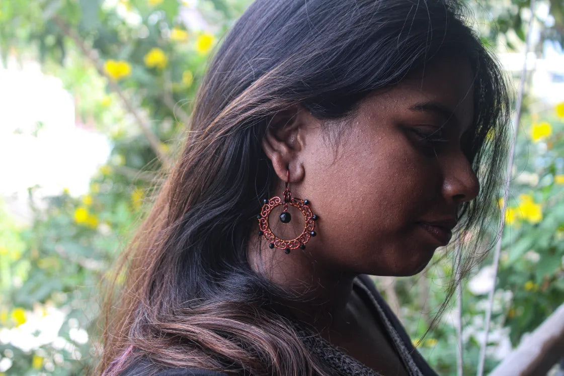 Boho Wire Hoop with Bead Drop Earrings - Handmade Dangle Jewelry