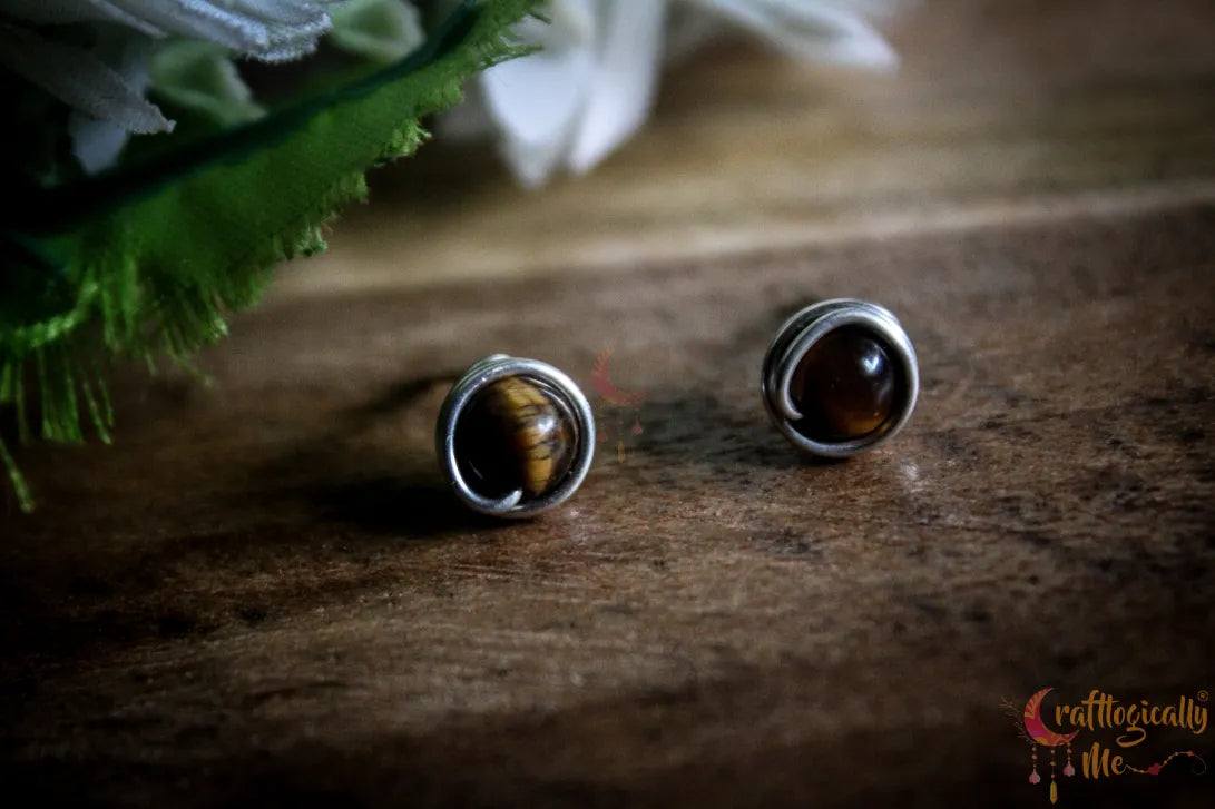 Silver Tiger’s Eye Bead Wrap Stud – Fine Silver Handmade Gemstone Earrings