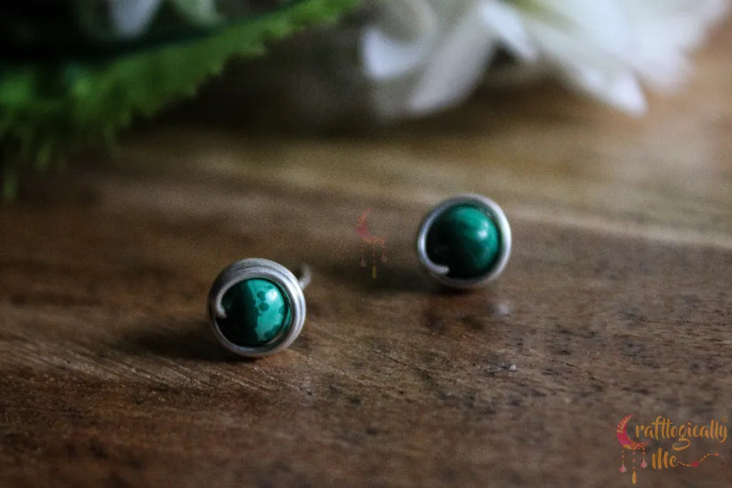 Silver Malachite Bead Wrap Stud – Fine Silver Handmade Gemstone Earrings