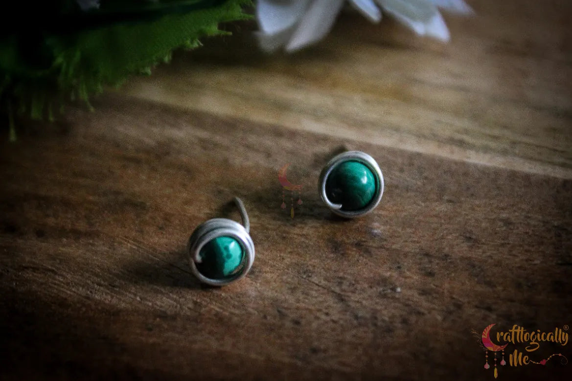 Silver Malachite Bead Wrap Stud – Fine Silver Handmade Gemstone Earrings