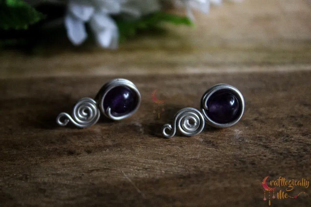 Silver Amethyst Swirly Wrap Studs – Fine Silver Handmade Gemstone Jewelry