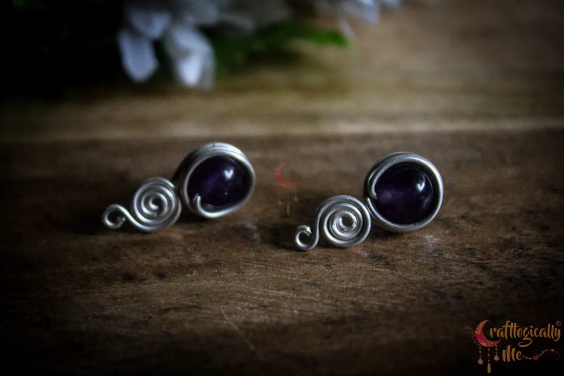 Silver Amethyst Swirly Wrap Studs – Fine Silver Handmade Gemstone Jewelry