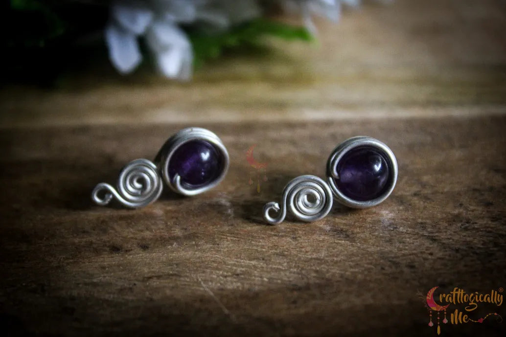 Silver Amethyst Swirly Wrap Studs – Fine Silver Handmade Gemstone Jewelry