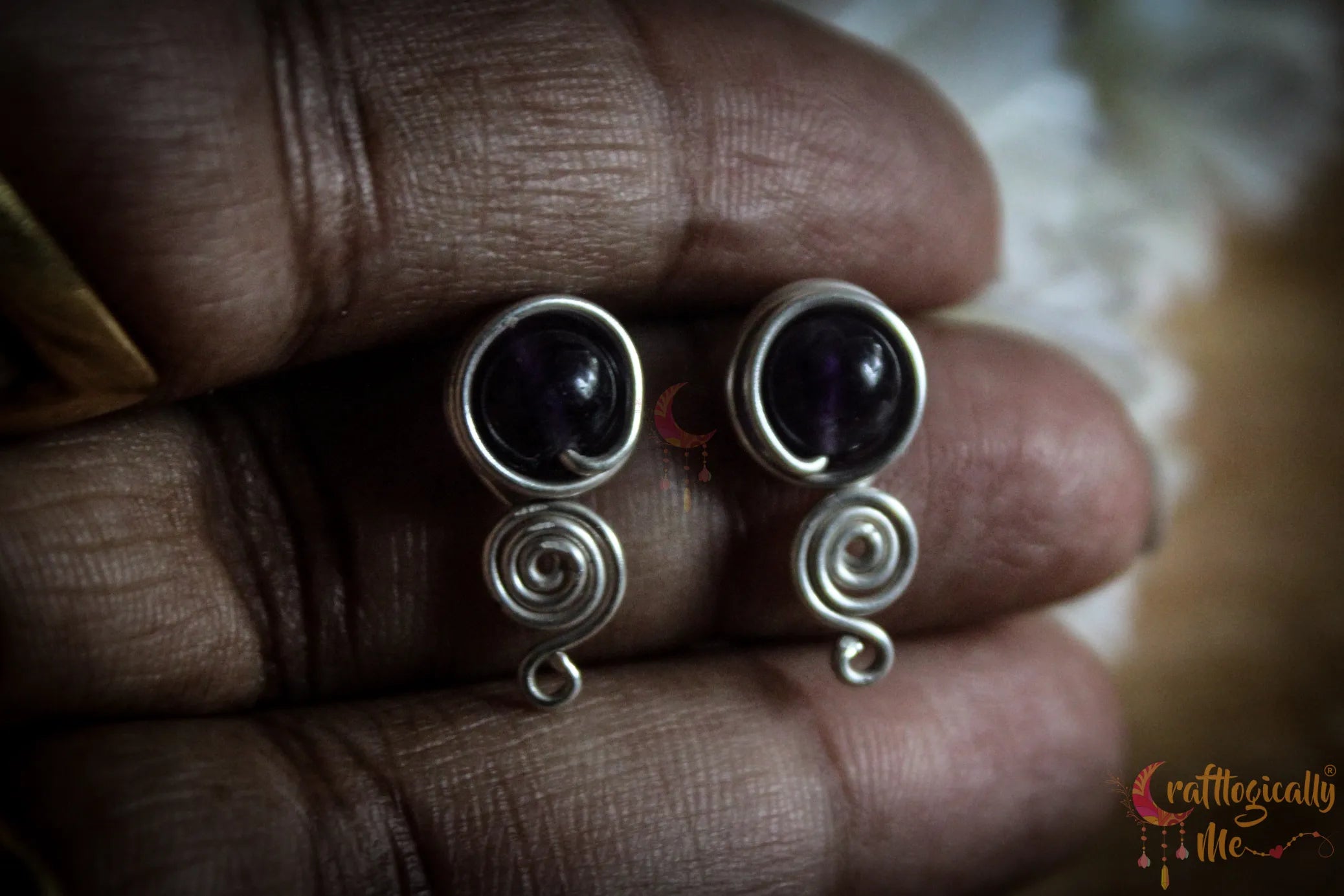 Silver Amethyst Swirly Wrap Studs – Fine Silver Handmade Gemstone Jewelry
