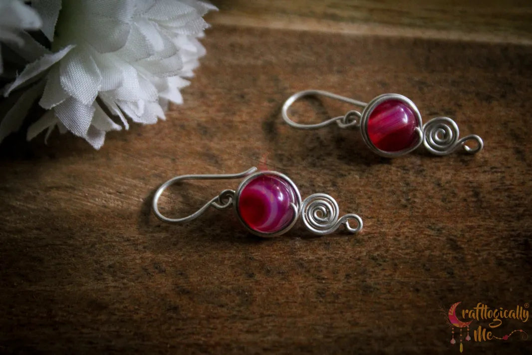 Silver Pink Agate Swirly Wrap Earrings – Fine Silver Handmade Gemstone Jewelry