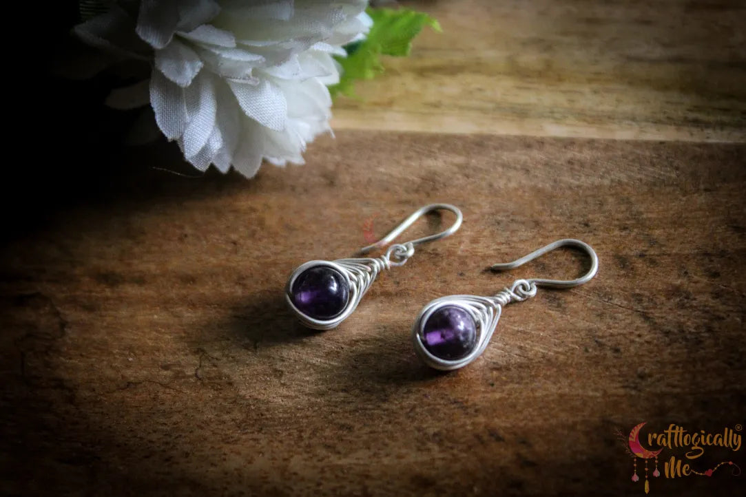 Silver Amethyst Herring-Bone Wrap Earrings – Fine Silver Handmade Gemstone Jewelry