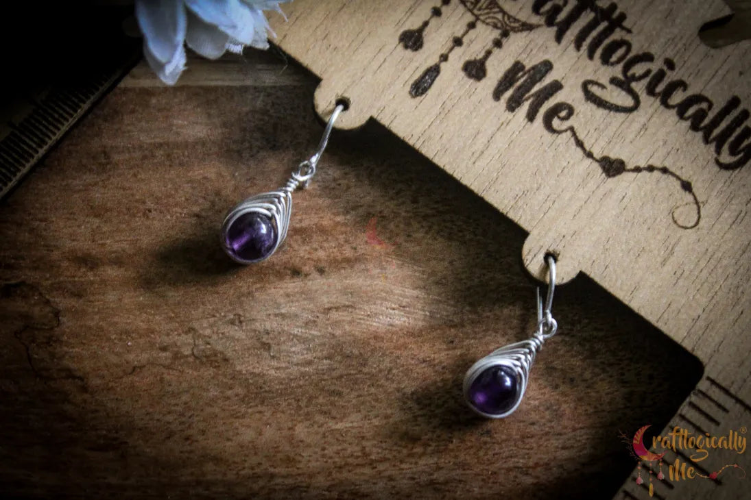 Silver Amethyst Herring-Bone Wrap Earrings – Fine Silver Handmade Gemstone Jewelry