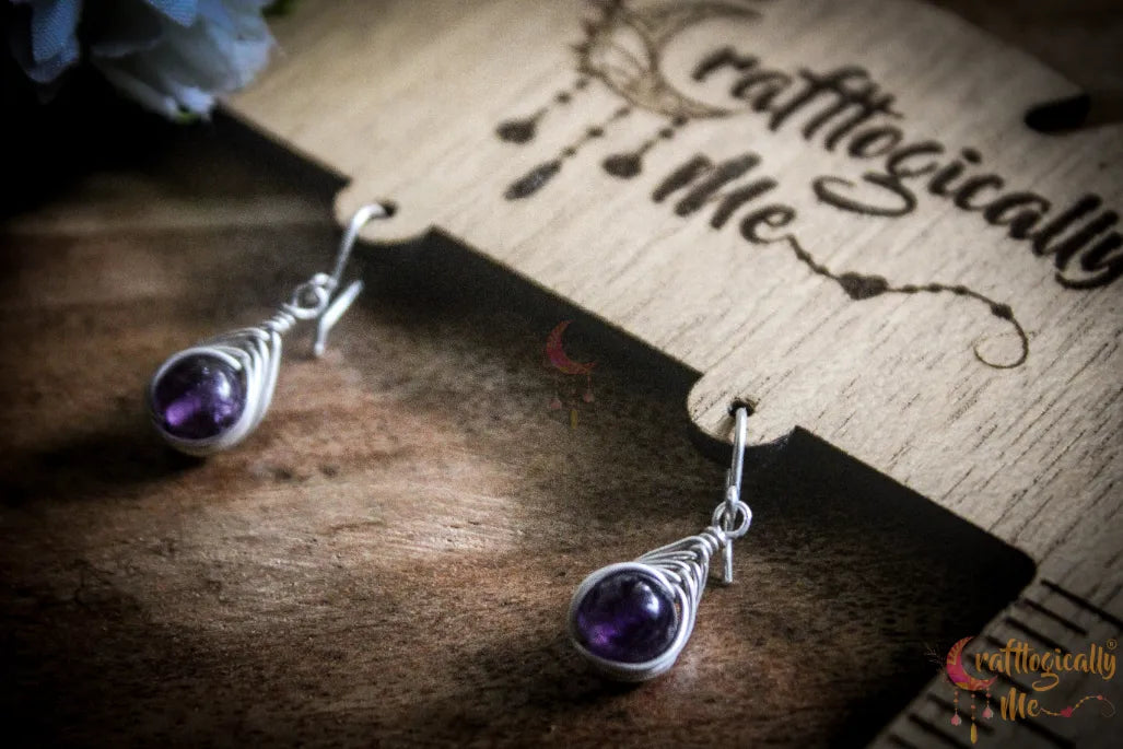 Silver Amethyst Herring-Bone Wrap Earrings – Fine Silver Handmade Gemstone Jewelry
