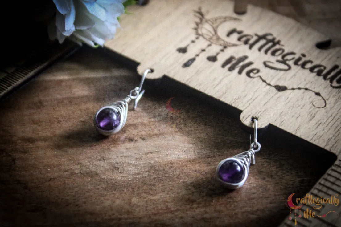 Silver Amethyst Herring-Bone Wrap Earrings – Fine Silver Handmade Gemstone Jewelry