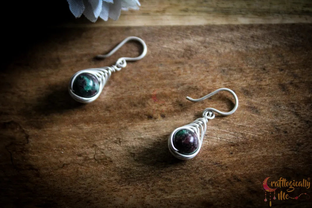 Silver Ruby Fuschite Herring-Bone Wrap Earrings – Fine Silver Handmade Gemstone Jewelry