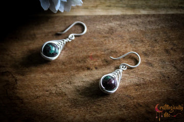 Silver Ruby Fuschite Herring-Bone Wrap Earrings – Fine Silver Handmade Gemstone Jewelry