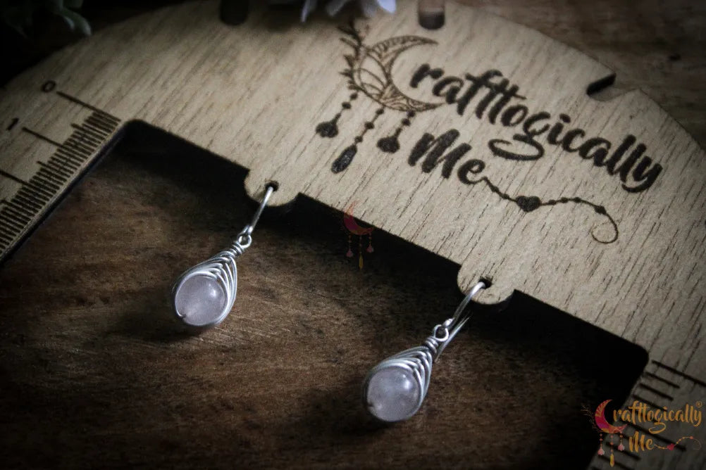 Silver Rose Quartz Herring-Bone Wrap Earrings – Fine Silver Handmade Gemstone Jewelry
