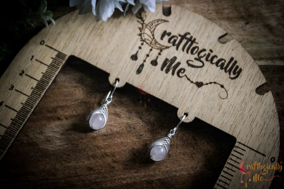 Silver Rose Quartz Herring-Bone Wrap Earrings – Fine Silver Handmade Gemstone Jewelry