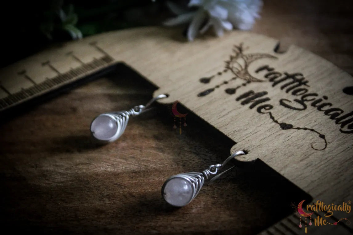 Silver Rose Quartz Herring-Bone Wrap Earrings – Fine Silver Handmade Gemstone Jewelry