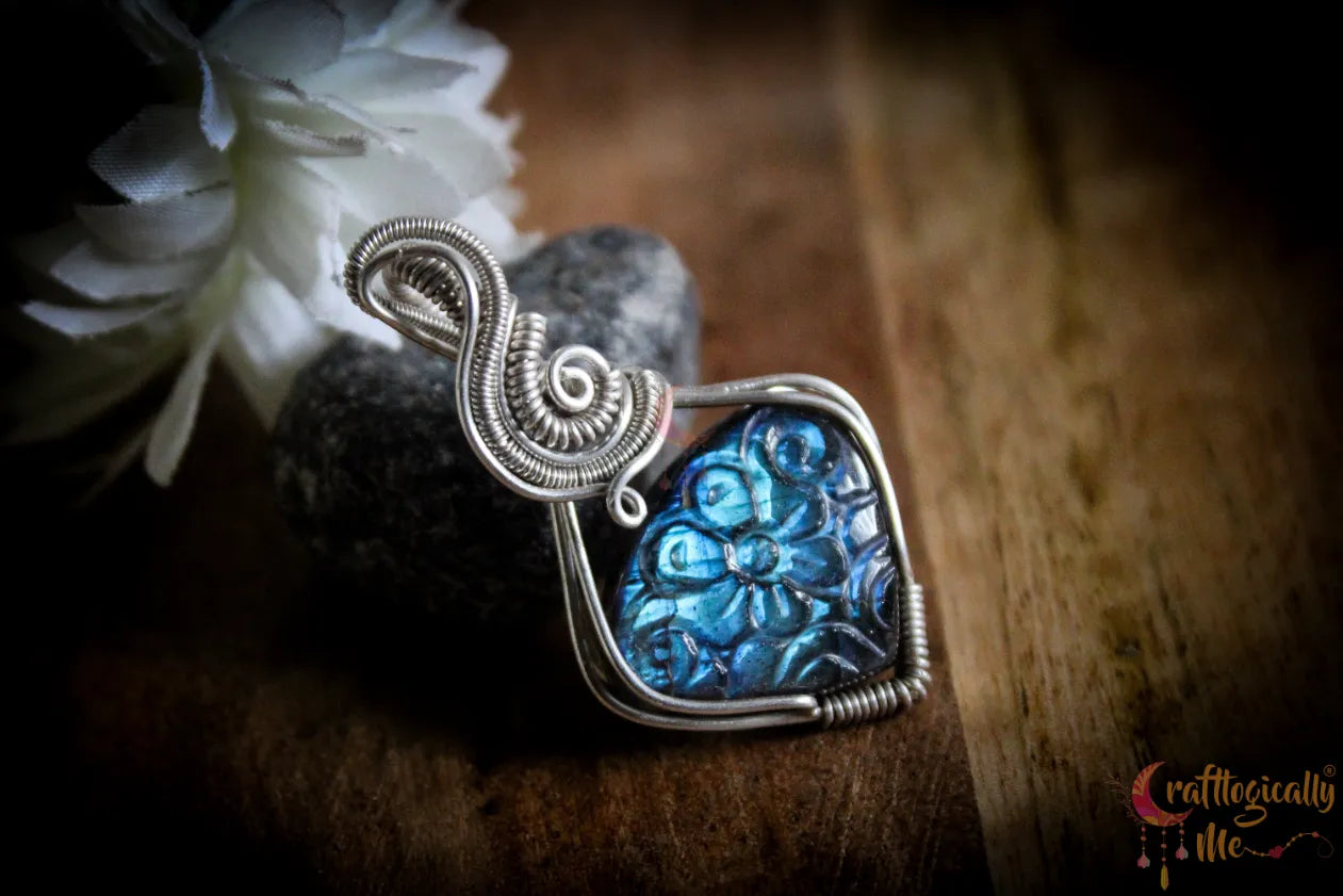 Silver Carved Blue Labradorite Heart Pendant – Fine Silver Artisan Jewelry