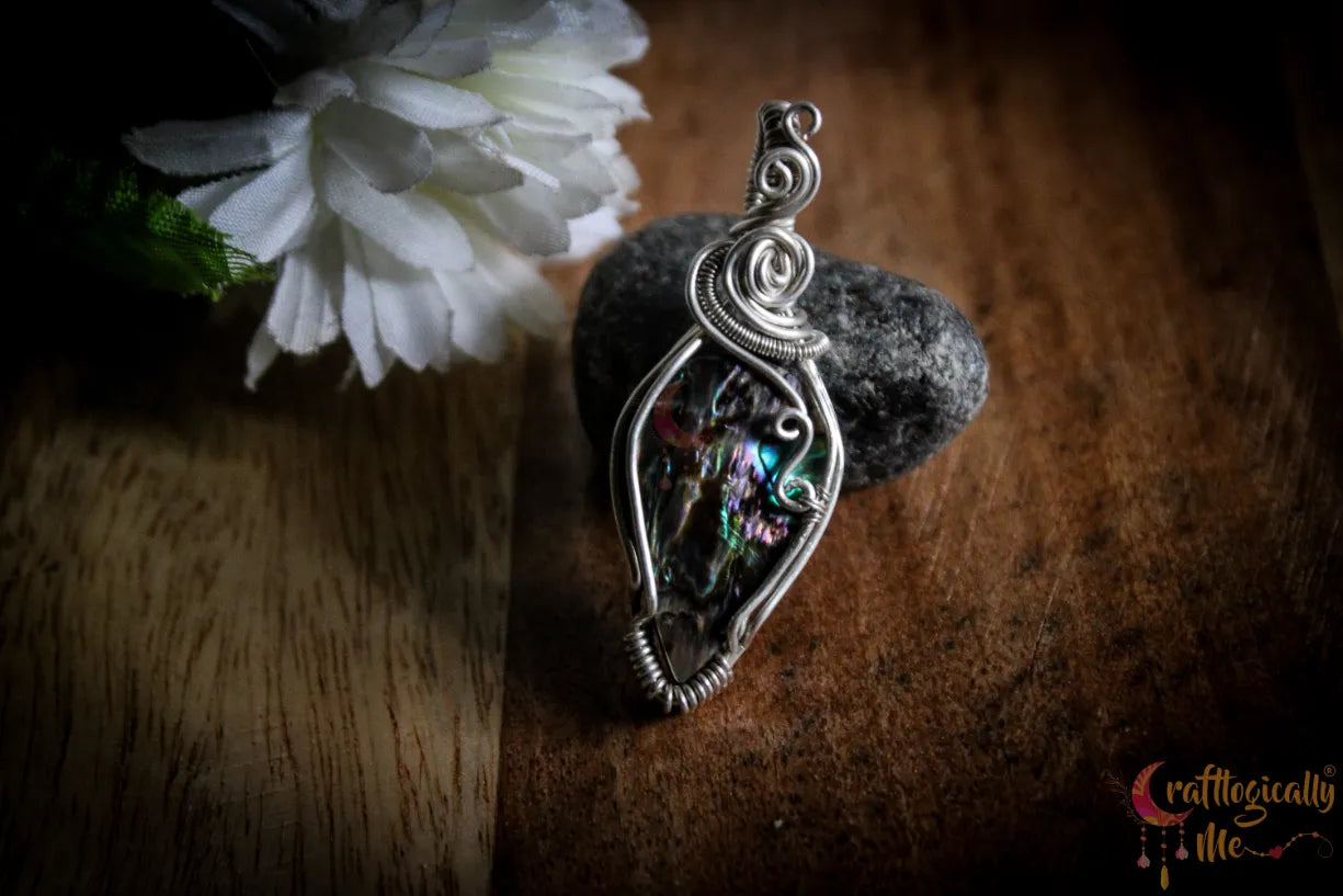 Silver Abalone Gemstone Shell Drop Wrap Pendant – Fine Silver Handmade Jewelry
