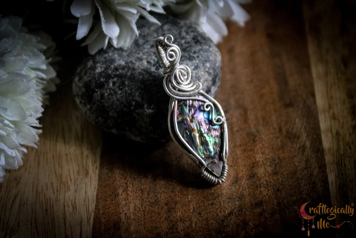 Silver Abalone Gemstone Shell Drop Wrap Pendant – Fine Silver Handmade Jewelry