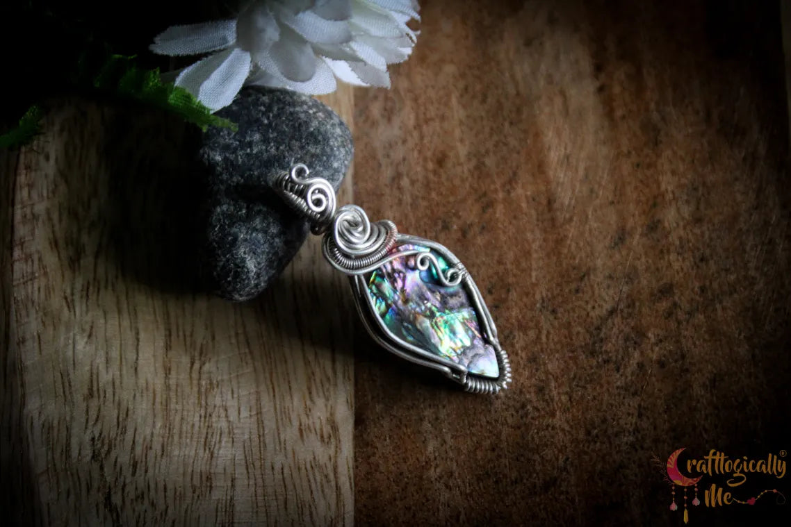 Silver Abalone Gemstone Shell Drop Wrap Pendant – Fine Silver Handmade Jewelry