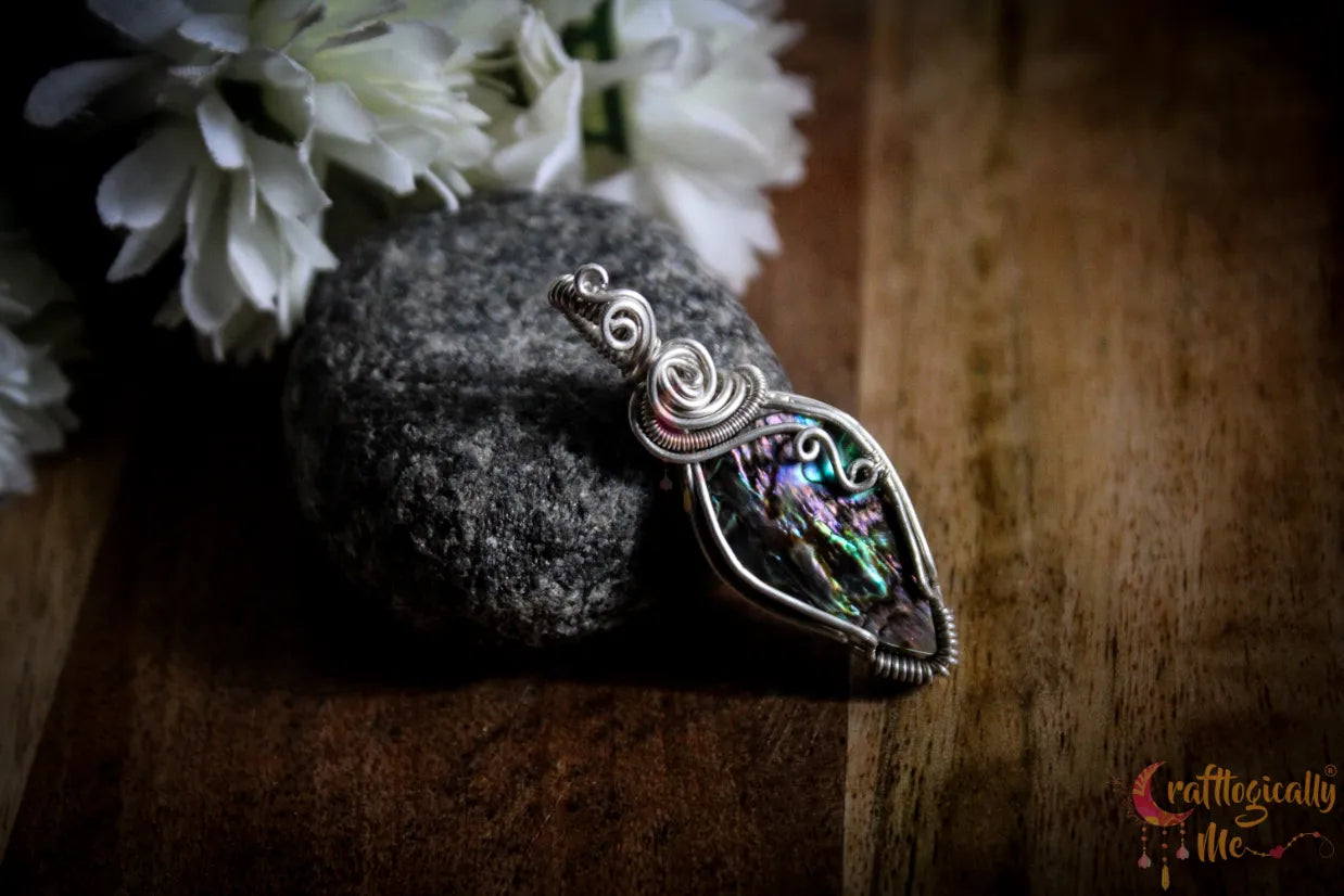 Silver Abalone Gemstone Shell Drop Wrap Pendant – Fine Silver Handmade Jewelry