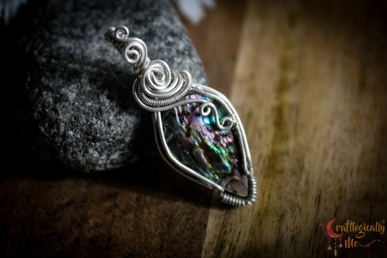 Silver Abalone Gemstone Shell Drop Wrap Pendant – Fine Silver Handmade Jewelry