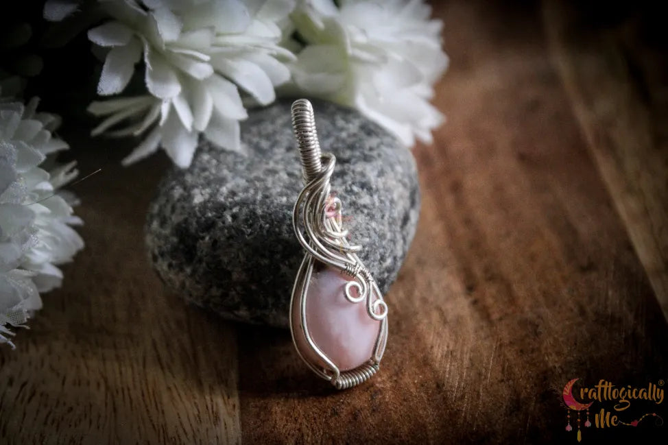 Silver Rose Opal Gemstone Wrap Pendant – Fine Silver Handmade Jewelry