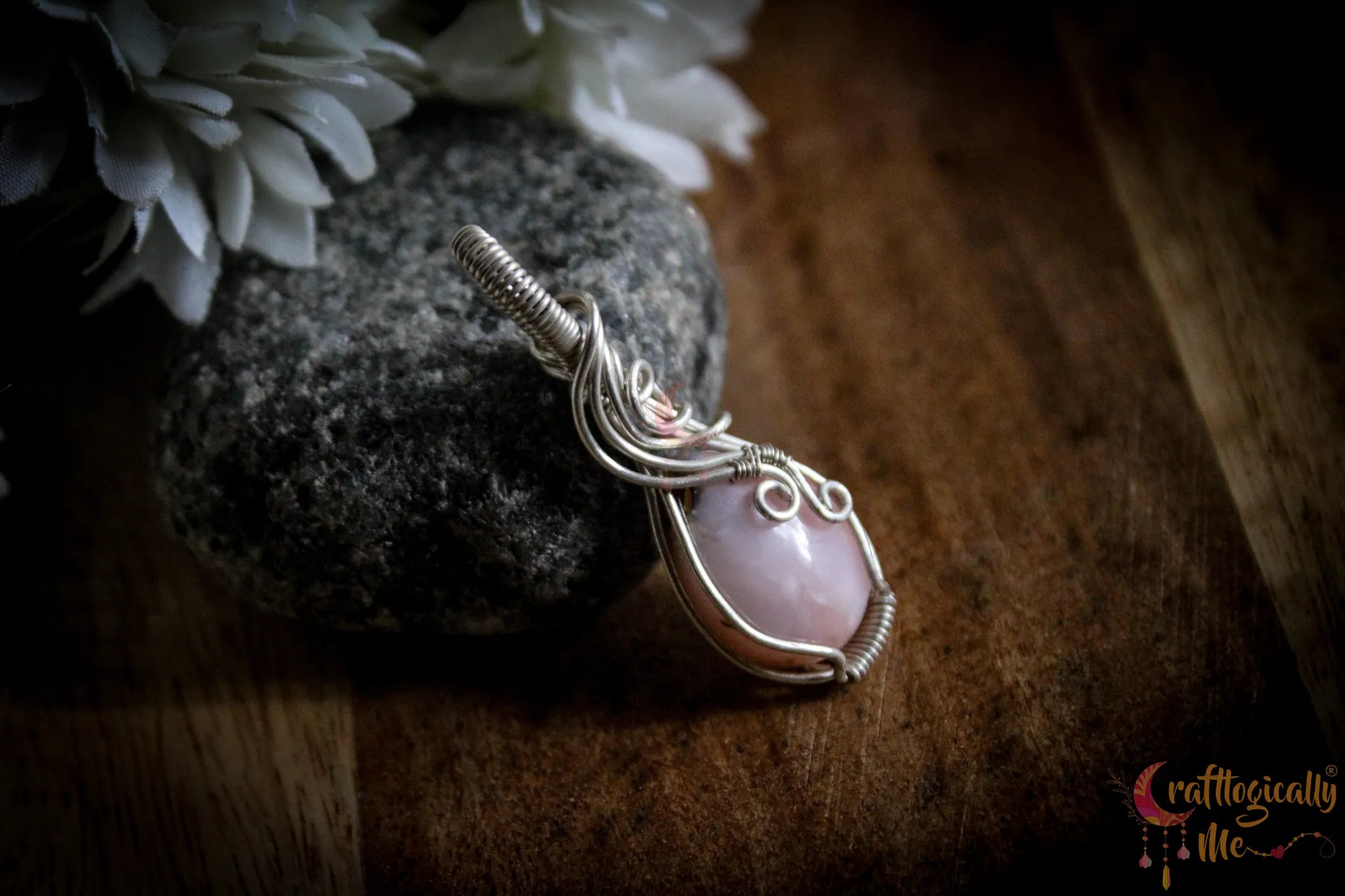 Silver Rose Opal Gemstone Wrap Pendant – Fine Silver Handmade Jewelry