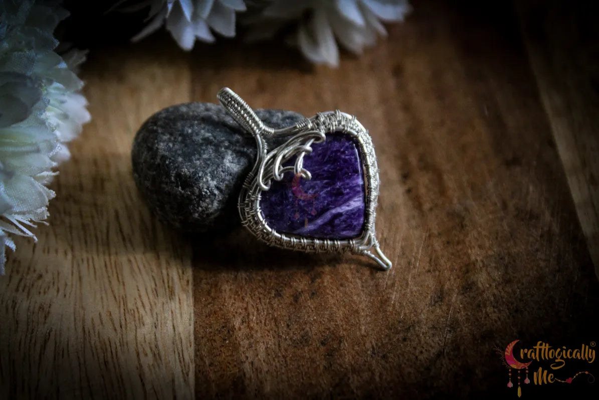 Silver Charoite Gemstone Heart Wrap Pendant – Fine Silver Handmade Jewelry