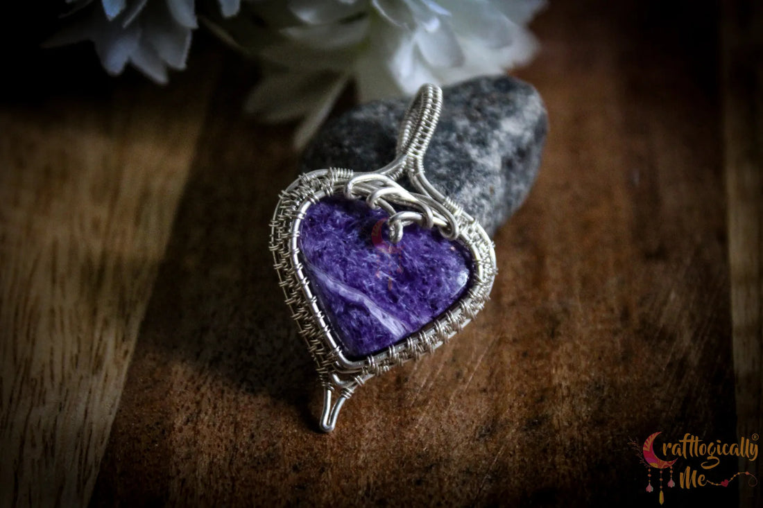 Silver Charoite Gemstone Heart Wrap Pendant – Fine Silver Handmade Jewelry