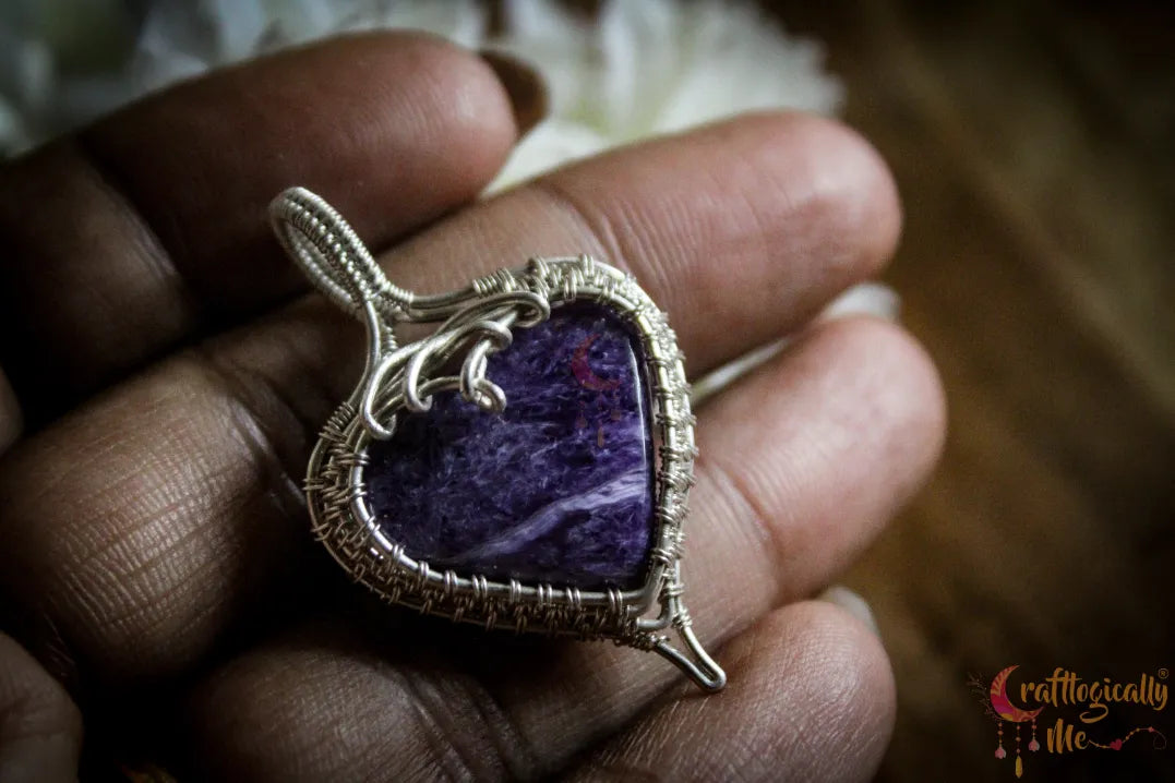 Silver Charoite Gemstone Heart Wrap Pendant – Fine Silver Handmade Jewelry