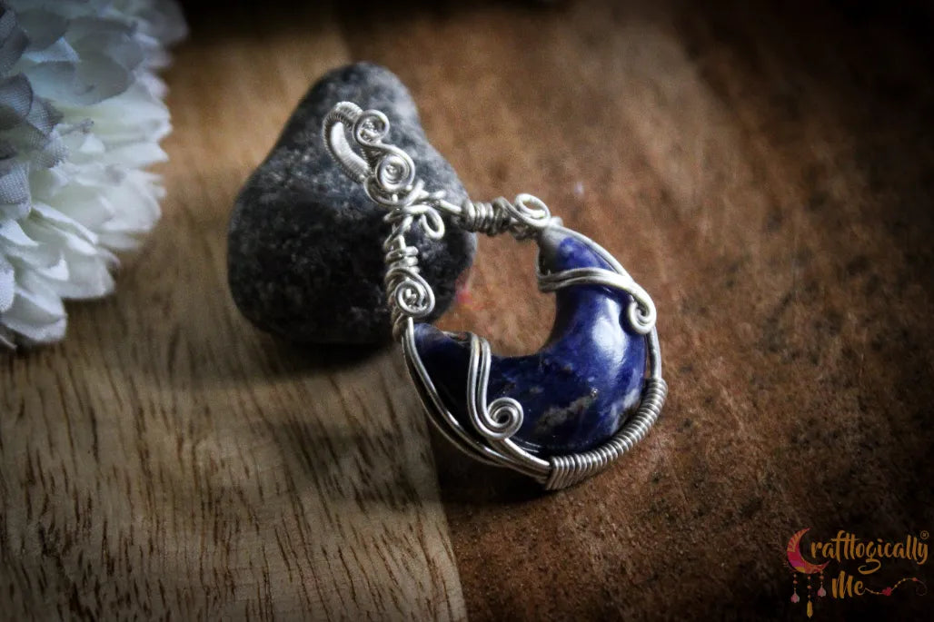 Silver Sodalite Gemstone Moon Wrap Pendant – Fine Silver Handmade Jewelry