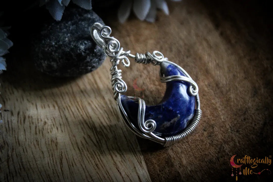 Silver Sodalite Gemstone Moon Wrap Pendant – Fine Silver Handmade Jewelry