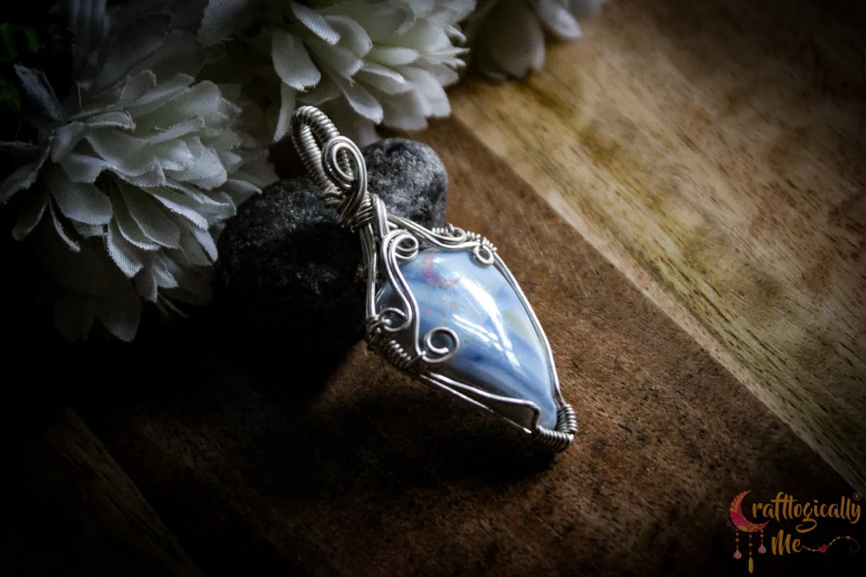 Silver Blue Opal Gemstone Drop Wrap Pendant – Fine Silver Handmade Jewelry