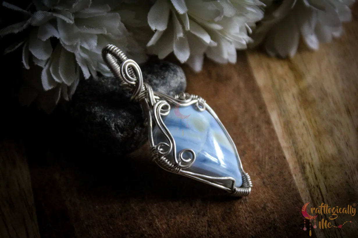 Silver Blue Opal Gemstone Drop Wrap Pendant – Fine Silver Handmade Jewelry
