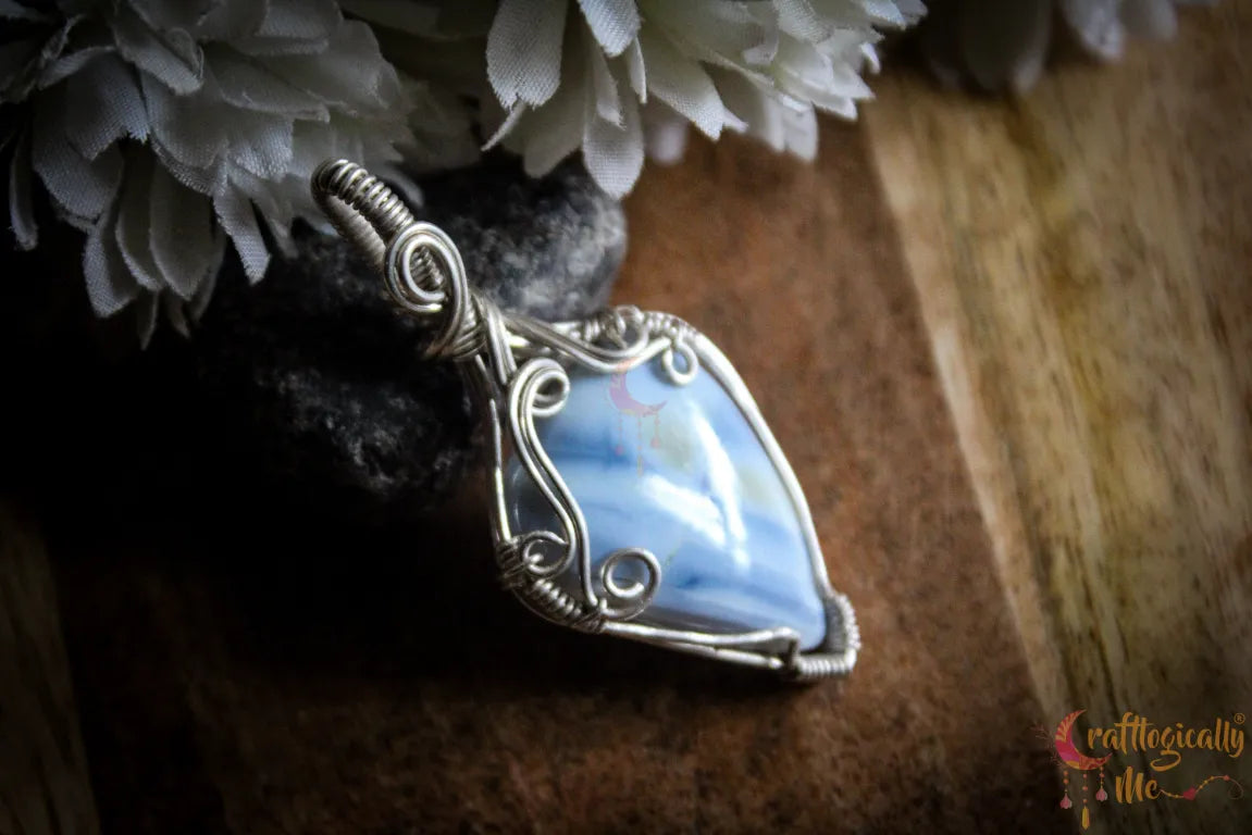 Silver Blue Opal Gemstone Drop Wrap Pendant – Fine Silver Handmade Jewelry