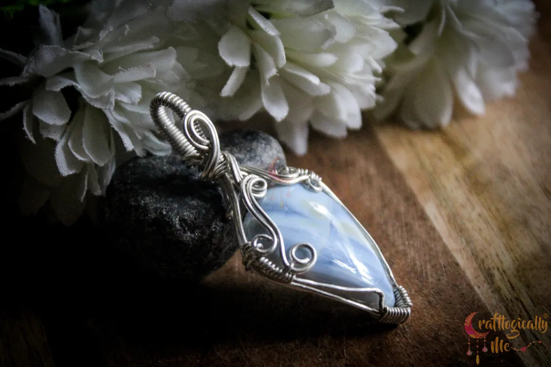 Silver Blue Opal Gemstone Drop Wrap Pendant – Fine Silver Handmade Jewelry