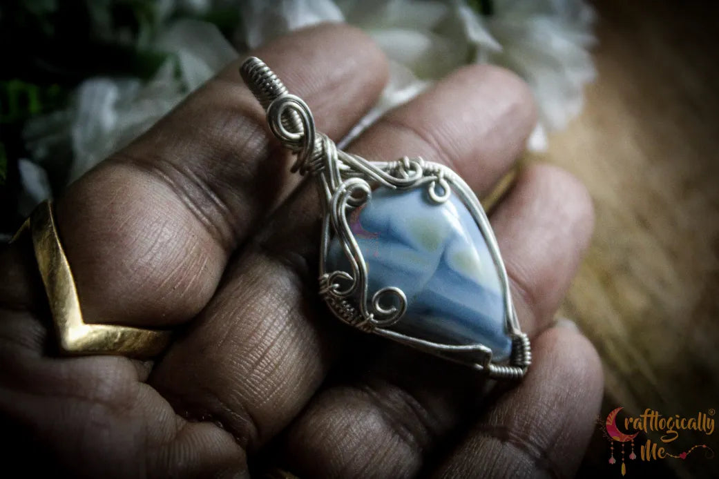 Silver Blue Opal Gemstone Drop Wrap Pendant – Fine Silver Handmade Jewelry